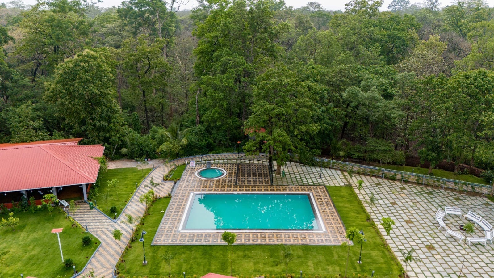Aerial pool and jungle view