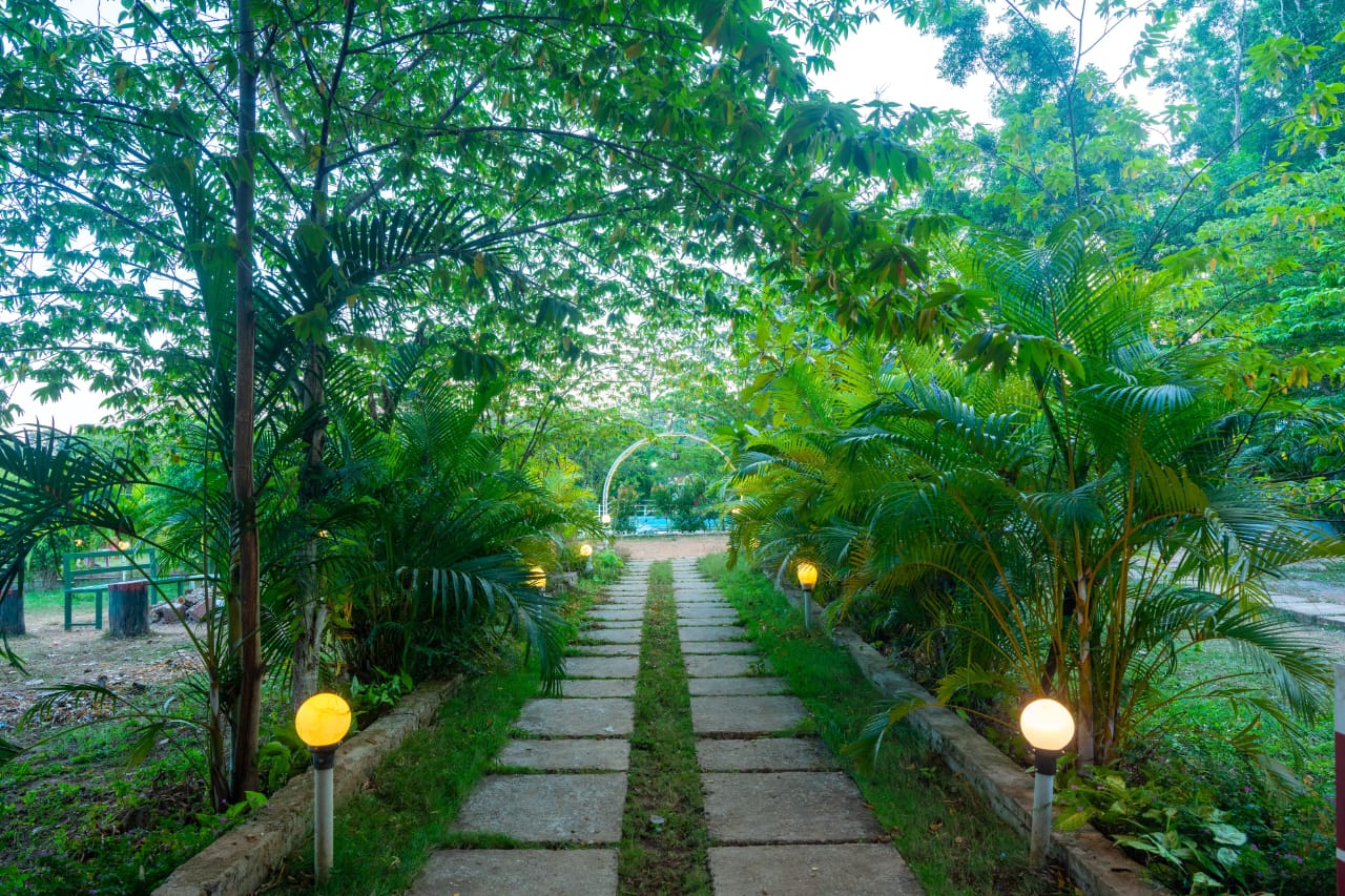 Resort garden pathway with lights